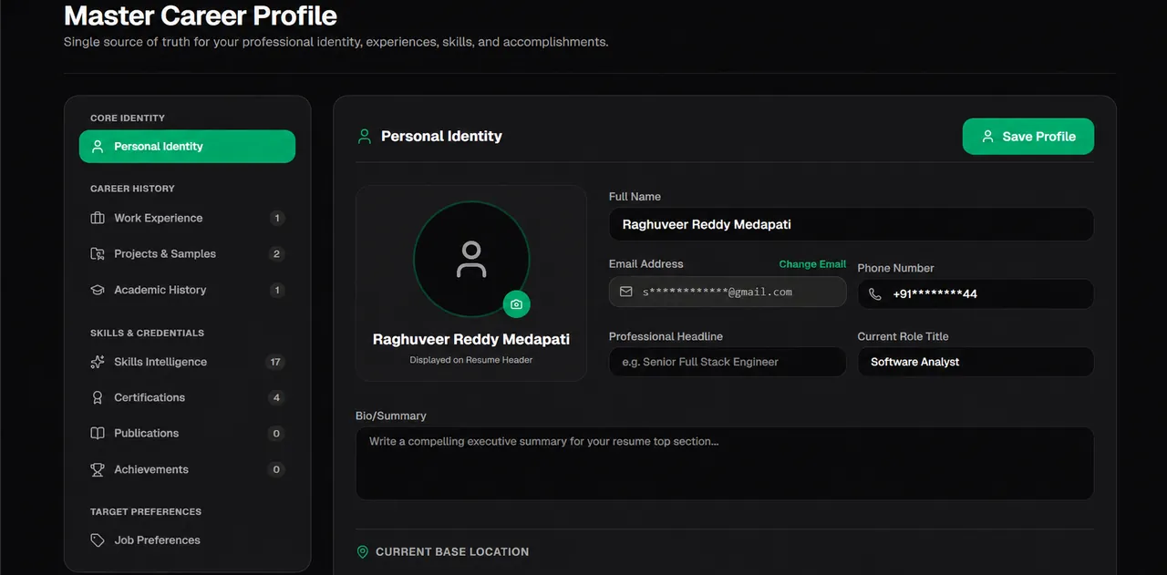 Master Career Profile Screenshot